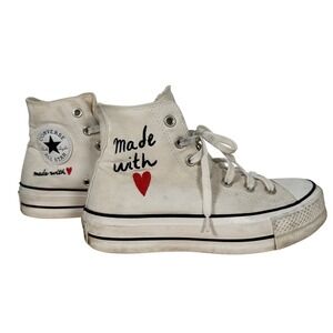 Converse Platform High Top White Canvas‎ Hearts Made With Love Sneakers Size 7